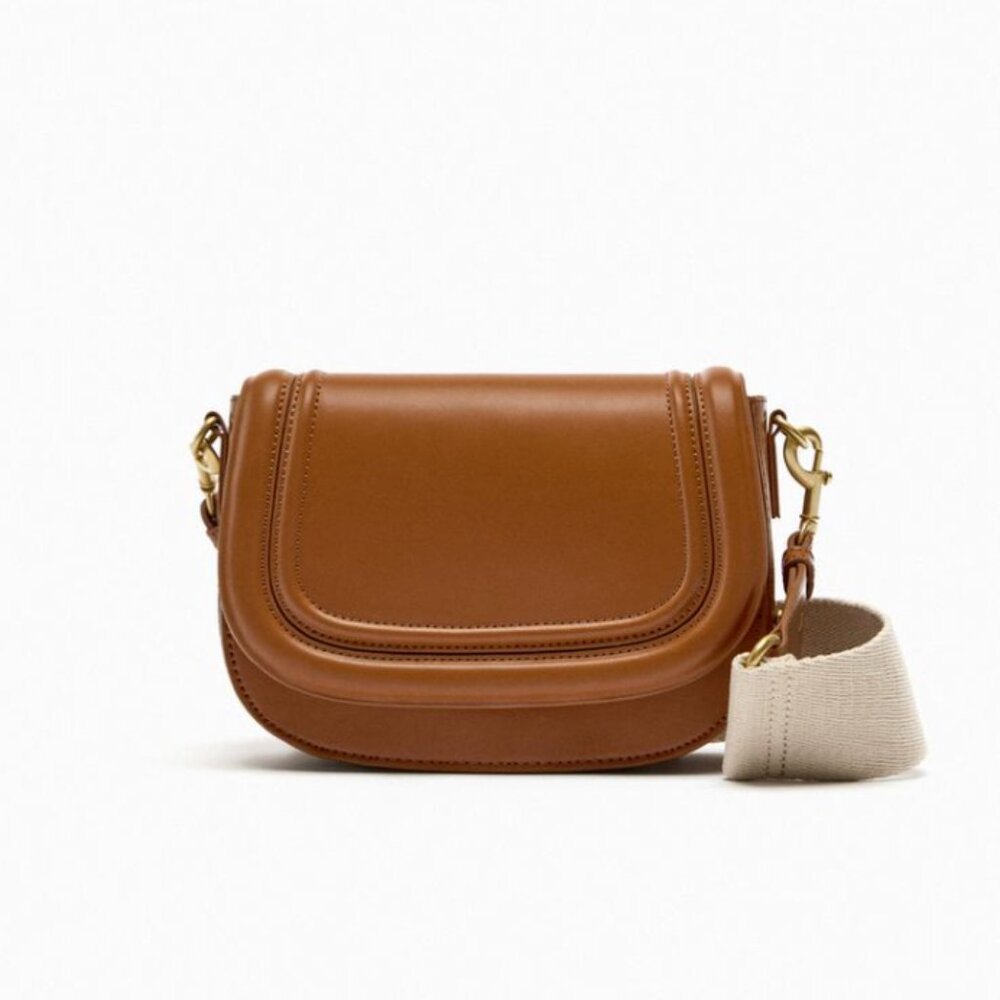 ZARA Cognac Brown Vegan Leather Topstitched Flap Crossbody Bag